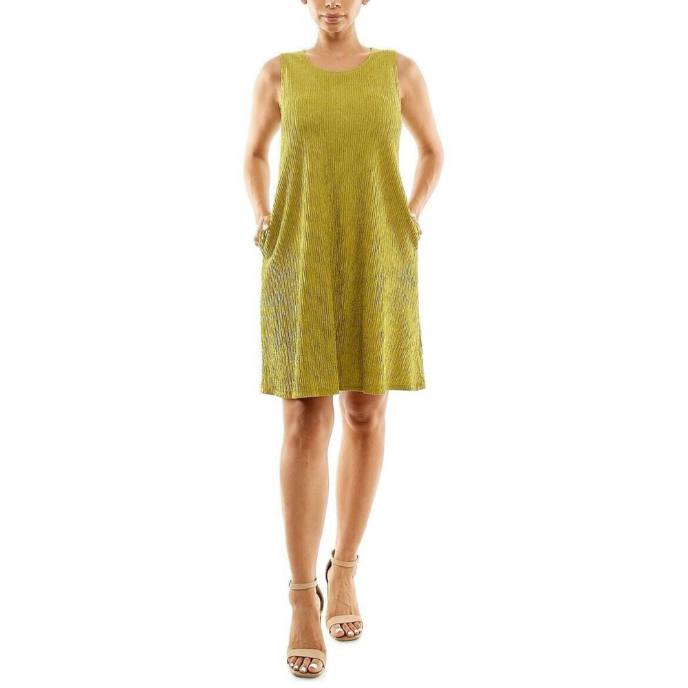 Nina Leonard NWT Sleeveless Trapeze Dress In Green Textured Fabric Pockets SZ L